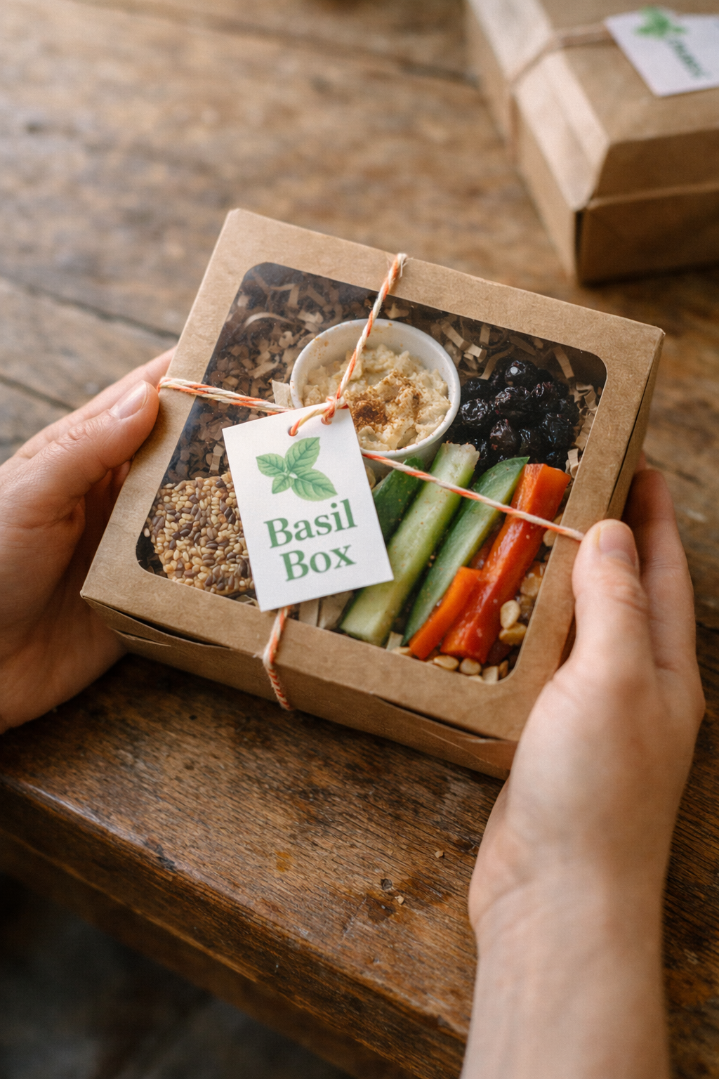 Hands holding Basil Basket with fresh snacks
