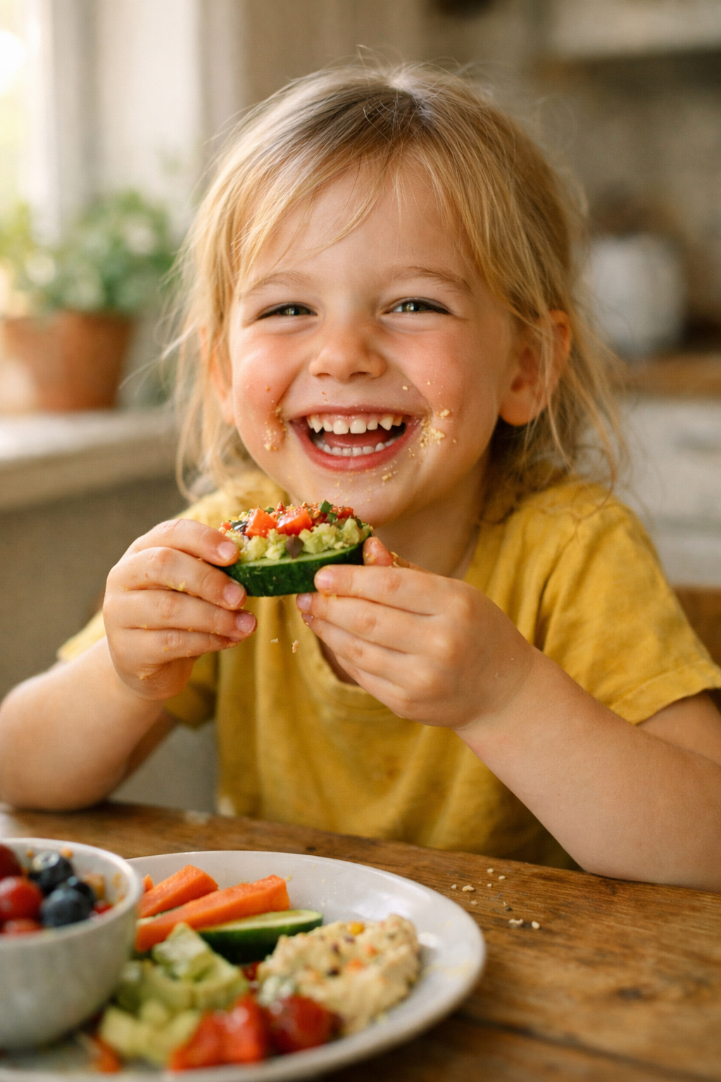 Happy child enjoying healthy snacks
