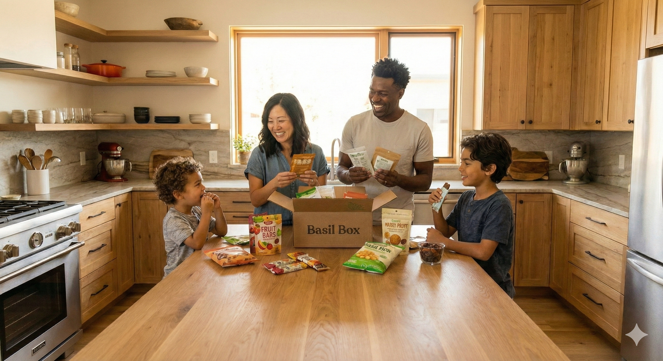 Happy family unboxing Basil Basket in their kitchen