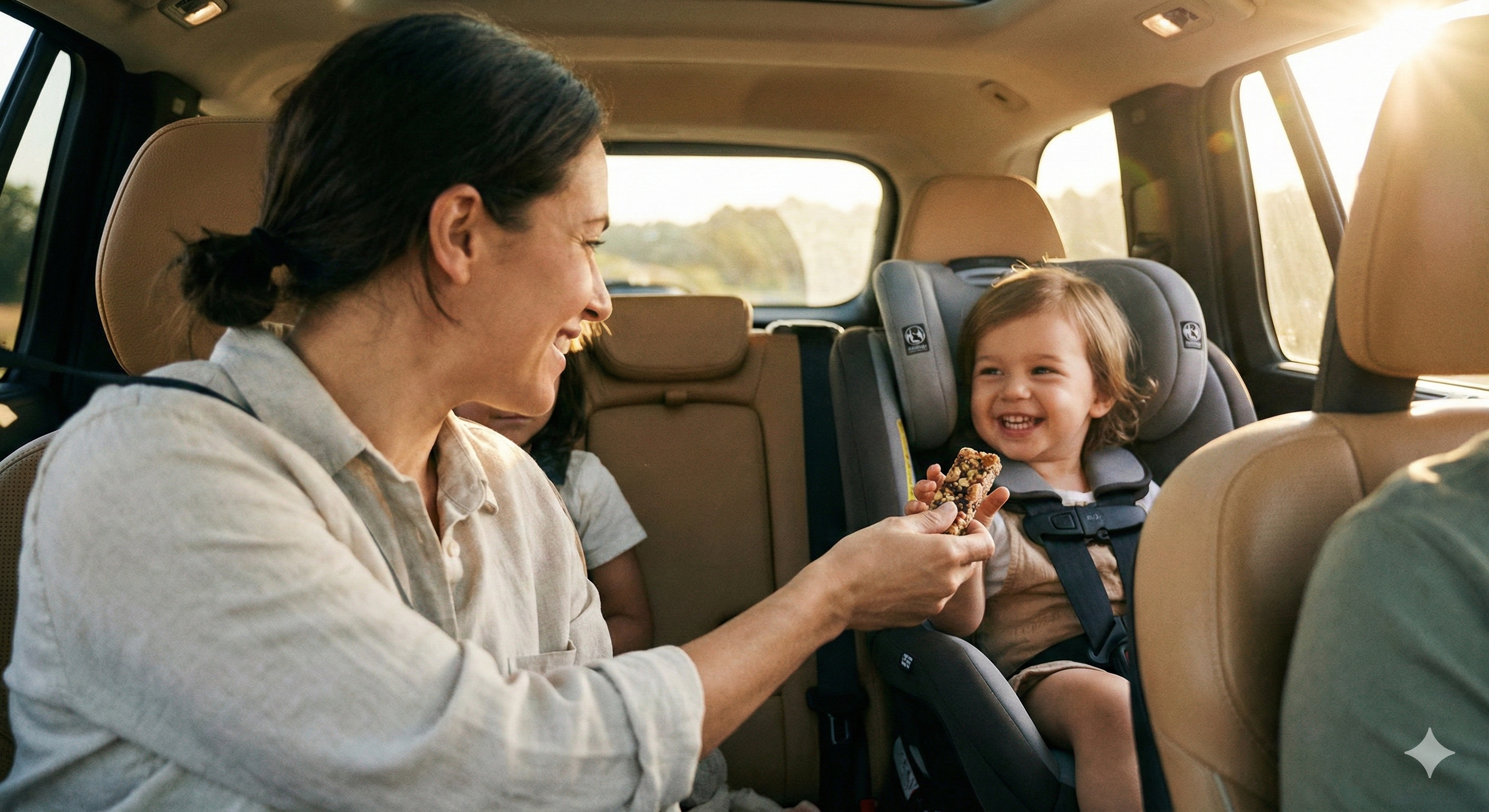 Mom sharing snack with toddler in car